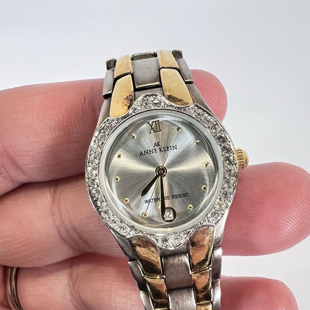 Vintage Anne Klein Gold And Silver Tone Watch With Pave Rhinestones. Untested‎